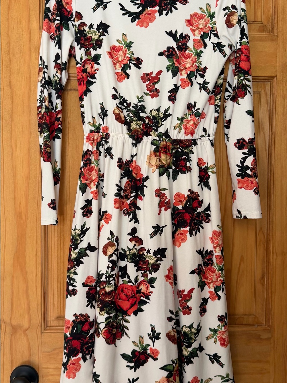 Floral Long Sleeve Midi Dress - White with Red Rose Print